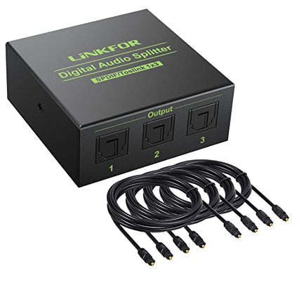 LiNKFOR 3 Port Toslink Splitter with 4pcs 6ft Optical Cable Digital Optical Audio Splitter Aluminum Alloy SPDIF Toslink Fiber Audio Splitter 1 in 3 Out Support Dolby-AC3 DTS for PS3 DVD HDTV - style: 1x3 Splitter with 4pcs Cable