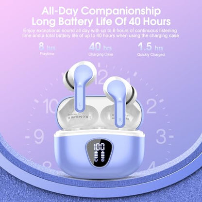 Wireless Earbuds, Bluetooth 5.4 Headphones HiFi Stereo, Bluetooth Earbuds | with ENC Noise Cancelling Mic,IP7 Waterproof in Ear Earphones,48H, LED Display Ear buds for Pad Phones Workout, White Purple - color: White Purple