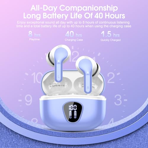 Wireless Earbuds, Bluetooth 5.4 Headphones HiFi Stereo, Bluetooth Earbuds | with ENC Noise Cancelling Mic,IP7 Waterproof in Ear Earphones,48H, LED Display Ear buds for Pad Phones Workout, White Purple - color: White Purple
