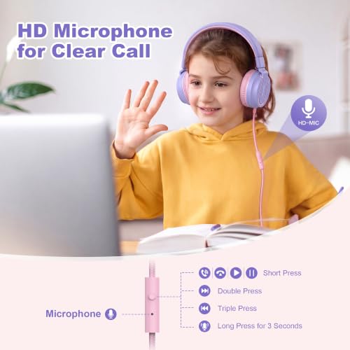 AILIHEN I35 Kids Headphones for School with Mic, 93dB Safe Volume, Lilac | Wired On Ear Headphones for Kids Girls, Foldable Lightweight Headphone for Classroom Learning & Entertainment Travel Computer - color: Lilac Pink