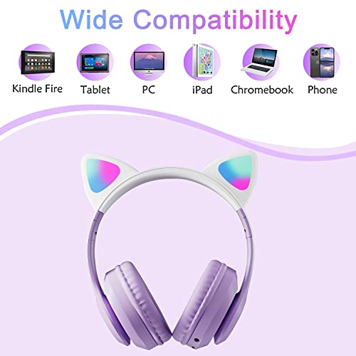 Kids Bluetooth Wireless Over-Ear Cat Ear Headphones with Microphone for Kids Teens Adults (Pro-Purple) | Cat Ear Headphones for Girls/Teenagers/Adults - color: New Purple
