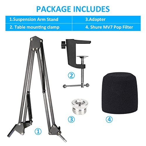 SUNMON MV7 Boom Arm Mic Stand with Pop Filter, Adjustable Suspension Boom Scissor Arm Stand with Pop Filter Compatible with MV7, MV7X adn SM7B Microphone by SUNMON | Adjustable Metal Suspension Stand with 3/8" to 5/8" Adapter, Desk Clamp, for Studio & Gam