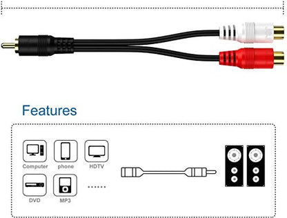Eanetf RCA 1 Male to 2 Female Y Adapter 2 Pack 0.6FT Gold | RCA Y splitter 1 male to 2 female, 2 pack, 0.6FT, Gold plated, OFC conductor + dual shielding, For audio/subwoofer,