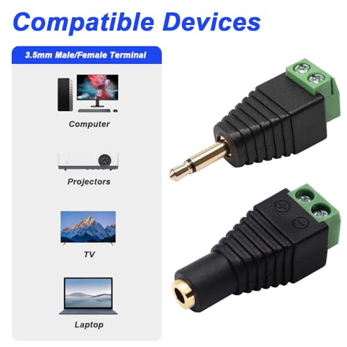 3.5mm Screw Terminal Gold Plated, 1/8" TS Mono Male to 2 Pin Screw Terminal with 1/8" TS Mono Female to 2 Pin Screw Terminal, Balun Solderless Converter with Screwdriver - color: 2Pin