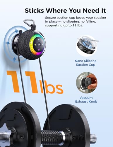 Bluetooth Shower Speaker IPX7 Waterproof: Removable Suction Cup, Black | 360° Surround Sound, Vacuum-Lock, RGB Light, Portable Wireless Speaker for Beach, Pool, Kayak, Gifts for Adults Teens - color: black