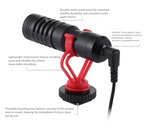 Cardioid Shotgun Microphone for Camera & Smartphone, 3.5mm Plug & Play Condenser Mic with Shock Mount & Windscreen, External Vlog Mic for YouTube & Podcast for Nikon D5100