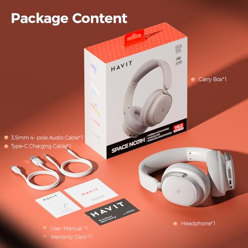 havit Noise Cancelling Headphones Over Ear, Wireless Bluetooth Headphones with 132H Playtime, Fast Charge 5 Min=5H, Foldable, Dual Device, with Mic for Travel Work Office, Gray