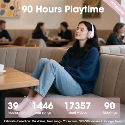 DOQAUS Bluetooth Headphones Over Ear, Headphones Wireless, APP Control | 90H Playtime, 9 EQ Modes, Bluetooth5.4, Hifi Stereo Sound Headphones, ENC Mic, Foldable, for Travel Work Study Phone, Pink - color: Pink