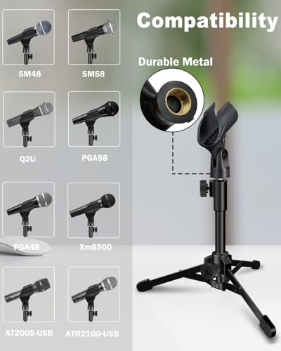 2 Pack Desktop Mic Stand, Portable Foldable Tripod with Mic Clip Holder, Adjustable Microphone Stand For Dynamic Microphone. - size: 2 Pack