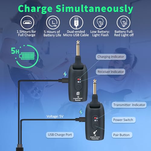 A9 Wireless Guitar System 2.4GHz Wireless Guitar Transmitter and Receiver | Rechargeable,4 Channels, 100FT/30m Range,270° Rotatable Plug,for Electric Guitar Bass (Black(1TX+1RX)) - color: Black