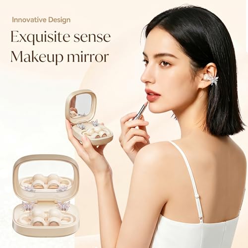 Open Ear Wireless Earbuds for Women with Makeup Mirror Charging Case, Clip-on Bluetooth 6.0 Headphones with Spatial Audio, Includes Flower & Butterfly Earrings, Long Battery Life - color: Cream White