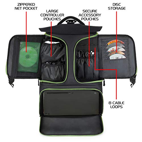 ENHANCE Console Gaming Backpack Compatible with Xbox Series X , Series S - Series X Carrying Case with Compartments for Controllers, Games & Accessories - Headset Storage , Zippered Pockets