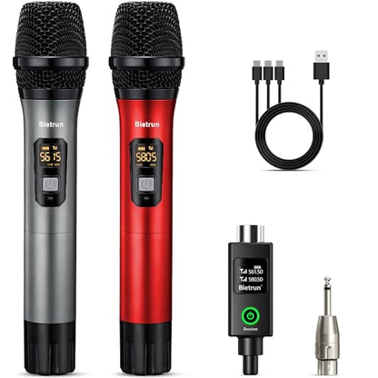 Bietrun XLR Wireless Microphone, UHF Dual Handheld Dynamic Metal Mic Set with Rechargeable Receiver, XLR to 1/4'' Adapter, for Karaoke, Church, Wedding, Party Singing(160 ft Range)(Auto Connect) - color: Grey Red with receiver