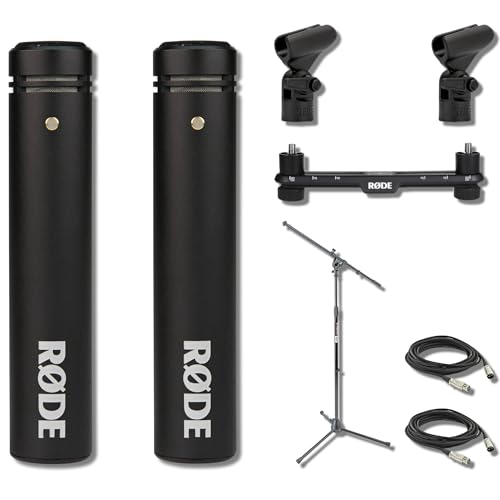 Rode M5-MP Matched Pair Small-Diaphragm Condenser Microphone Bundle with SB20 Stereo Bar, Boom Stand and XLR Cables — Drum Overhead, Choir, Orchestra, Acoustic Guitar Studio Recording Kit