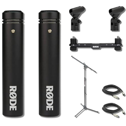 Rode M5-MP Matched Pair Small-Diaphragm Condenser Microphone Bundle with SB20 Stereo Bar, Boom Stand and XLR Cables — Drum Overhead, Choir, Orchestra, Acoustic Guitar Studio Recording Kit