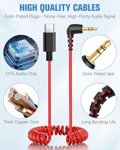 Microphone Adapter Mic Cable for Rode Wireless Pro GO 2 / ME USB C to 3.5mm Coiled Cable for Hollyland Lark M1 / M2 / MAX / 150 / MAX Duo DAC Android iPhone 15 17 Pro Max 16e 15 Plus Phones ﻿