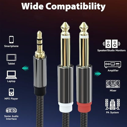 3.5mm to Dual 1/4 Cable, 1/8 TRS to Dual 1/4 TS Stereo, 3.3ft | Audio Cord, Gold-Plated Braided Adapter Cable, 3.5mm Stereo Cables for Mixer, Studio Monitor, Amplifier, Speaker, Sound Card - size: 3.3ft