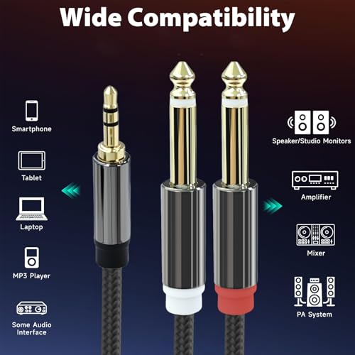 3.5mm to Dual 1/4 Cable, 1/8 TRS to Dual 1/4 TS Stereo, 6.6ft | Audio Cord, Gold-Plated Braided Adapter Cable, 3.5mm Stereo Cables for Mixer, Studio Monitor, Amplifier, Speaker, Sound Card - size: 6.6ft