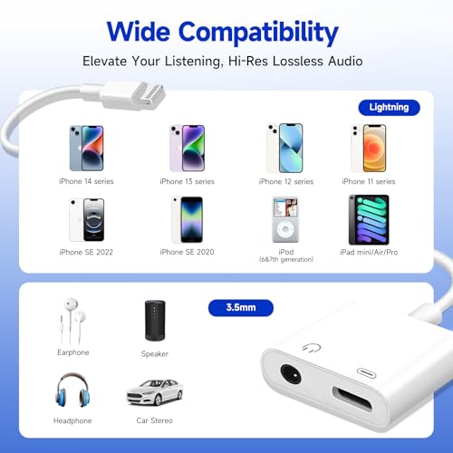 [Apple MFi Certified] 2-in-1 Charging & Audio Adapter for iPhone, Lightning to 3.5mm Headphone Jack Dongle Splitter, Supports Hi-Res Lossless Sound, Compatible with iPhone 14/13/12/11/XS/XR/8/7 1Pack - color: White