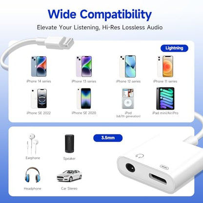 [Apple MFi Certified] 2-in-1 Charging & Audio Adapter for iPhone, Lightning to 3.5mm Headphone Jack Dongle Splitter, Supports Hi-Res Lossless Sound, Compatible with iPhone 14/13/12/11/XS/XR/8/7 1Pack - color: White