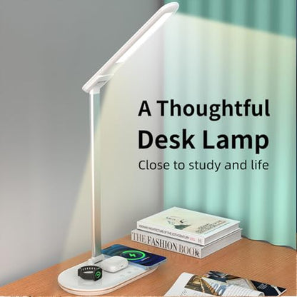 IHAO 3in1 Wireless Charging Eye-Care Desk Lamp 15W Fast Charging Station for Phone, Smartwatch & Earbuds, Touch Control Dimmable LED Light Adjustable Gooseneck, Modern Office Table Lamp-HYT2096 White - color: Table Lamp 3in1 wireless charger HYT2096 White