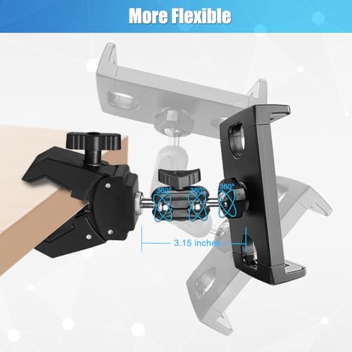 Mic Stand Tablet Holder, 360° Swivel iPad Mic Stand Holder Phone iPad Holder for Mic Stand/ Treadmill/ Spin Bike/ Peloton Exercise Bike Handlebar Mount, Fits 4-12.9" iPad, iPhone, Android Smartphones - size: 4 Inch Arm