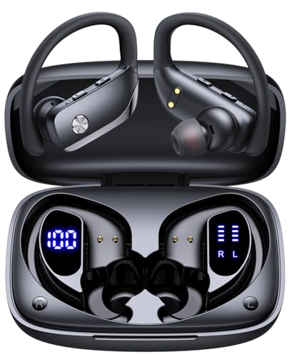 bmani Ear Buds Wireless Earbuds Bluetooth Headphones with 80H Playtime LED Display Case, Over-Ear Hook with Mic, Stereo Sound, Easy Button Controls, Sports Earphones for Running Workout Gym Black - color: Black, style: AI Buds Pro