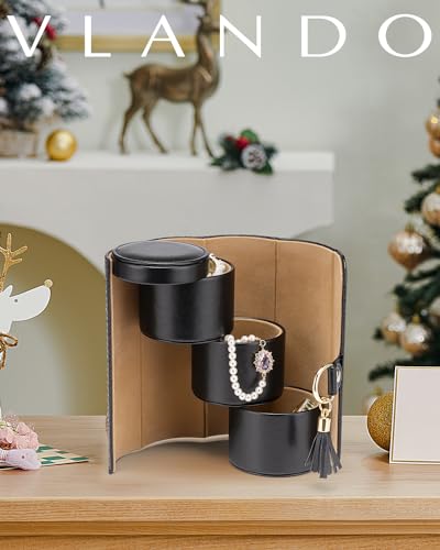 VLANDO Travel Jewelry Organizer, 3 Tier Roll Up Design, Hard Shell Storage | Stepped Sections Compartments Keep Jewelry Visible, Soft Lining Protect Pieces, Snap Closure, Travel Gift for Women Girl - color: Black