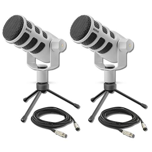 Rode PodMic White (Pair) Cardioid Dynamic Broadcast Microphones with 2X Mini Tripod Desktop Mic Stands and 2X XLR Cables