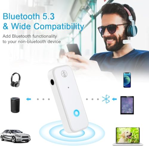 Bluetooth Aux Adapter for Car, 2 in 1 Bluetooth Transmitter Receiver for Hands-Free Call, Noise Cancelling 3.5mm AUX Wireless 5.3 Receiver for Car Home Audio System Headphones White - color: White