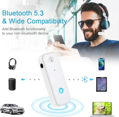 Bluetooth Aux Adapter for Car, 2 in 1 Bluetooth Transmitter Receiver for Hands-Free Call, Noise Cancelling 3.5mm AUX Wireless 5.3 Receiver for Car Home Audio System Headphones White - color: White