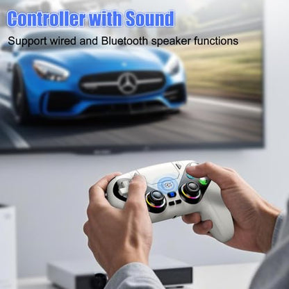 Gamrombo LED Wireless Controller for PS5, Compatible with PS5 Pro/Slim/PC, Dual Vibration, Macro/Turbo Function, 3.5mm Audio Jack, 6-Axis Motion Control Gamepad with Speaker(White) - color: White