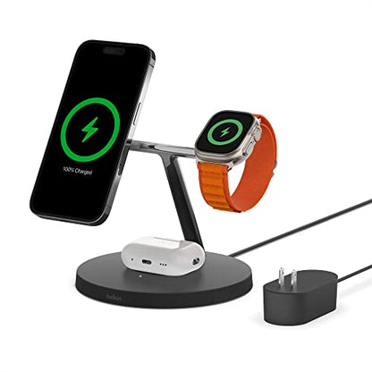 Belkin MagSafe 3 in 1 Wireless Charging Stand, 2nd Gen, 33% Faster | Apple Watch, iPhone 16/15/14, AirPods compatible, multi-device charging station, faster charging, Magnetic - color: Black, style: Chrome Finish