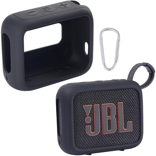 for JBL Go 4 Waterproof Bluetooth Speaker Silicone Cover, Black | Snug Fit, Portable Carabiner Clip, Shock Absorption, Drop Protection, Travel Lightweight Design, Protective Skin Case - color: Black Case