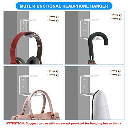 Cosmos 2 Pcs Headphone Hanger Mount Under-Desk Headset Hanger Hook Earphone Holder Wall Mount Hooks with Adhesive Tape & Screw Set Compatible with PC Gaming DJ Headset, Acrylic (Transparent Clear) - color: Transparent Clear