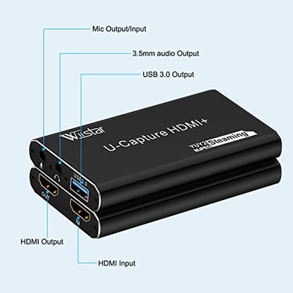 4K Audio Video Capture Card, Recording Card with Microphone HDMI Loop-Out，HDMI to 1080P USB 3.0 for Gaming Streaming TV Recorder, Live Streaming Broadcasting