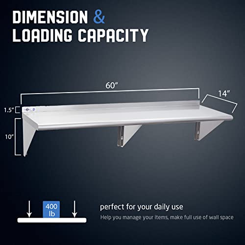 Profeeshaw NSF Stainless Steel Shelf 14” x 60”, Commercial Wall Shelving | 400 lb, Wall Mounted Metal Shelves, with Backsplash and 3 Brackets, for Restaurant, Bar, Utility Room, Kitchen and Garage - size: 14"x60"