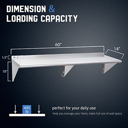 Profeeshaw NSF Stainless Steel Shelf 14” x 60”, Commercial Wall Shelving | 400 lb, Wall Mounted Metal Shelves, with Backsplash and 3 Brackets, for Restaurant, Bar, Utility Room, Kitchen and Garage - size: 14"x60"