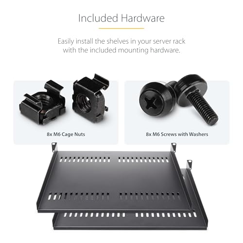 StarTech 2-Pack 1U Vented Cantilever Shelf, 16in, 44lb (CABSHELF116V2PK) | 44lb/20kg each, 16in/40cm deep, 14-gauge SPCC steel, EIA-310 fit - size: 16", style: 2-pack
