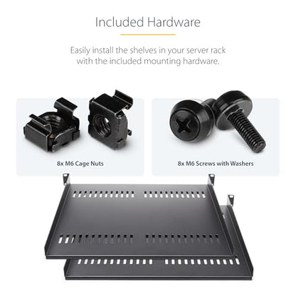 StarTech 2-Pack 1U Vented Cantilever Shelf, 16in, 44lb (CABSHELF116V2PK) | 44lb/20kg each, 16in/40cm deep, 14-gauge SPCC steel, EIA-310 fit - size: 16", style: 2-pack