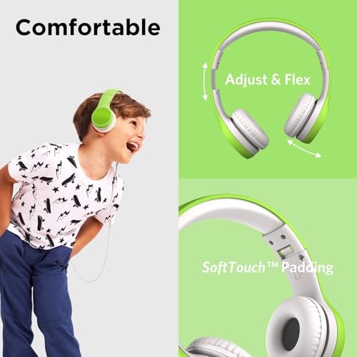LilGadgets Connect+ Style On-Ear Kids Headphones with Microphone - SharePort Technology, SoftTouch Padding, Detachable Cable, Volume Limiting, Durable & Adjustable - Green - color: Green