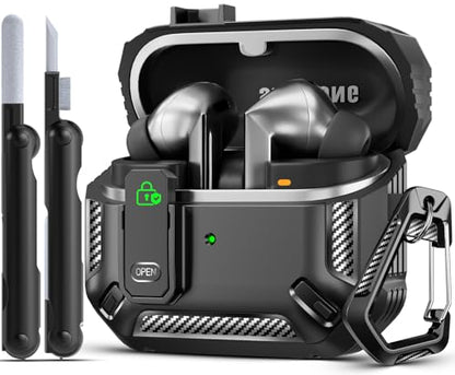 Safety Lock Case for Samsung Galaxy Buds3 FE/3/3 Pro (Black) | with Secure Lock Clip & Cleaning kit Full Body Shockproof Carbon Fiber Protection Design - color: F-black