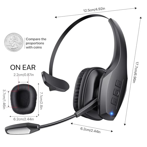 Trucker Bluetooth Headset, Wireless Headset with Mic, Bluetooth Headsets with Dual Noise Cancelling Microphone & Mute Button, 55Hrs Working Time PC Headsets for Cell Phones, Computer, Truck Driver