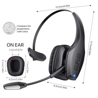 Trucker Bluetooth Headset, Wireless Headset with Mic, Bluetooth Headsets with Dual Noise Cancelling Microphone & Mute Button, 55Hrs Working Time PC Headsets for Cell Phones, Computer, Truck Driver