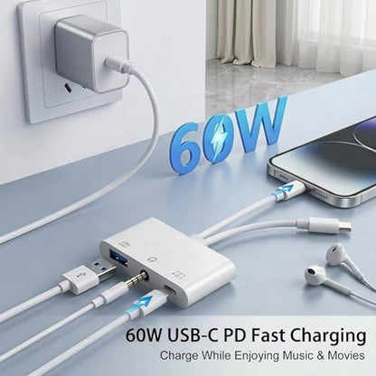 USB-C & Lightning to 3.5mm Audio Jack Adapter, Lightning to USB C Adapter with USB-A OTG Port and 3-in-1 USB-C Port for Charging, Data Transfer & Aux Audio, Compatible with iPhone17 iPad Galaxy S26