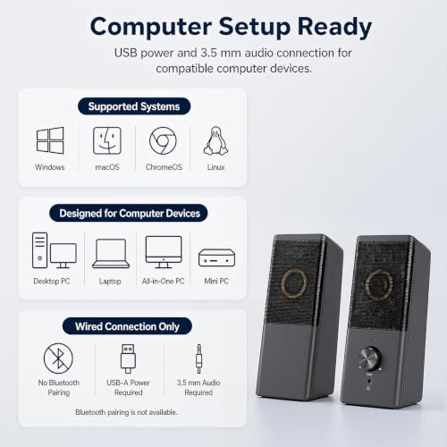 ROSON Computer Speaker, Compact Size Speaker with Headphone Jack, Volume Control, Stereo 2.0 USB Powered 3.5mm Aux Multimedia Speakers for Laptop/Desktop/Tablets/Phone