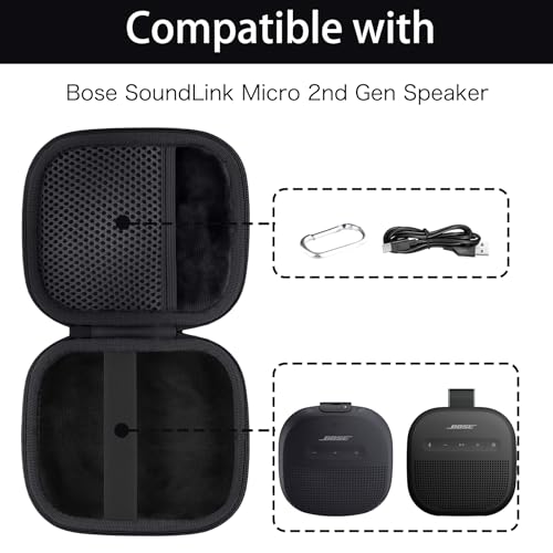 for Bose New SoundLink Micro 2nd Gen Speaker Protective Case, Black | EVA Hard Shell, Soft Velvet Lining, Durable Wrist Strap, Portable Travel Bag with Carabiner, Mesh Accessory Pocket - color: Black Case