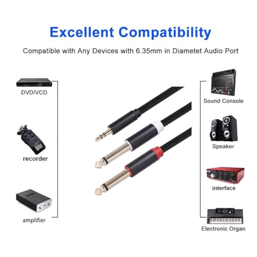 (33FT-1PACK) 3.5mm TRS to Dual 6.35mm 1/4 TS Mono Breakout Cable Y Splitter Stereo Cord Adapter Compatible with iPhone, Computer Sound Card, CD Player, Multimedia Speaker, Home Stereo System - color: 33 FT - 1 PACK
