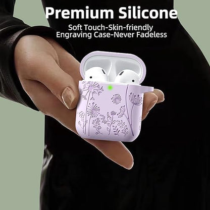 Lerobo for AirPod Case 2nd/1st Generation with Keychain | Flower Engraved Soft Silicone Shockproof Cover for AirPods 2 Case, Wireless Charging, Led Visible, One-piece Design, Lavender - color: Lavender