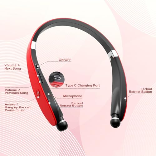 Bluetooth Neckband Headphones, Foldable Wireless Lightweight Neck Headset with Retractable Earbuds, Noise Cancelling Sweatproof Stereo Earphones with Mic & Carrying Case (Red) - color: Red